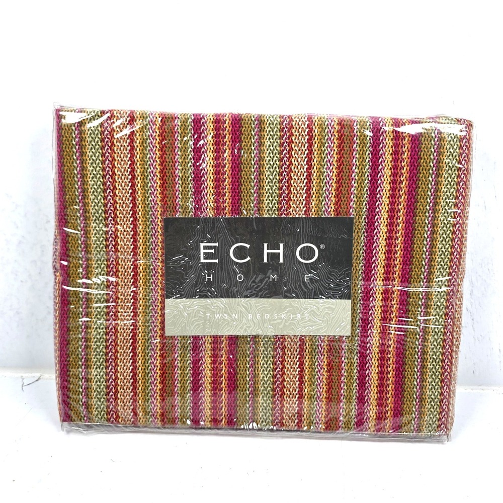 Vtg Echo Capri Twin Bedskirt Boho Woven Stripe Raspberry Pink Sage Green NEW